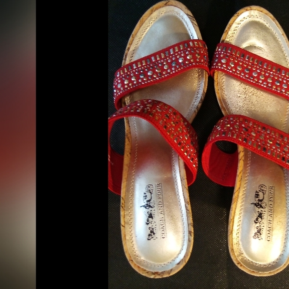 Coach And Four -NWT Cork Wedge Sandals, Two Red Fabric Straps Accented With Gold - Picture 10 of 10